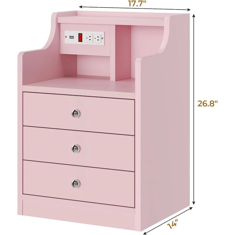 Table de chevet à 3 tiroirs avec station de charge et ports USB, Blanc / Rose / Gris / Noir, Style moderne, Chambre 1 personne