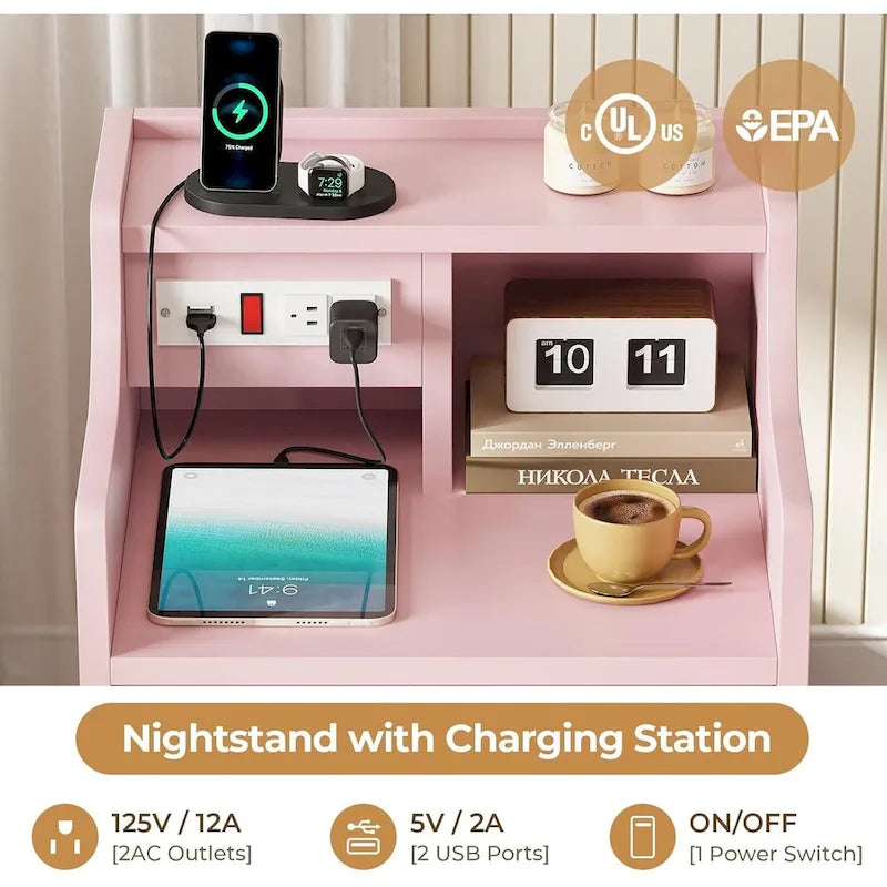 Table de chevet à 3 tiroirs avec station de charge et ports USB, Blanc / Rose / Gris / Noir, Style moderne, Chambre 1 personne