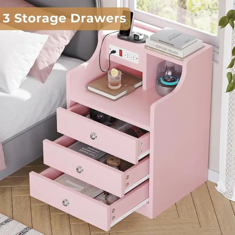 Table de chevet à 3 tiroirs avec station de charge et ports USB, Blanc / Rose / Gris / Noir, Style moderne, Chambre 1 personne