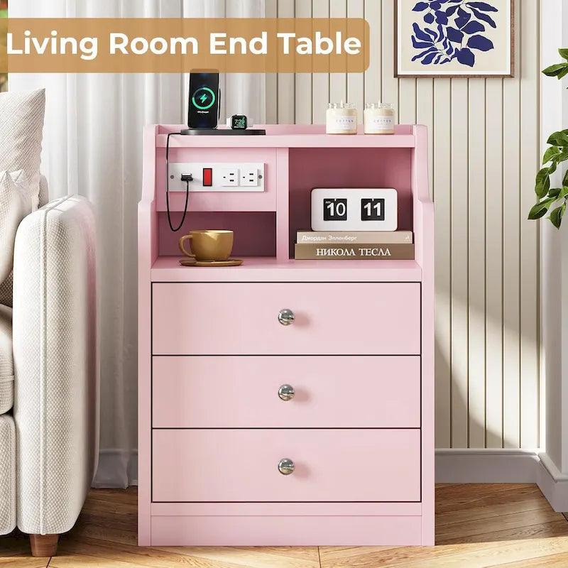 Table de chevet à 3 tiroirs avec station de charge et ports USB, Blanc / Rose / Gris / Noir, Style moderne, Chambre 1 personne