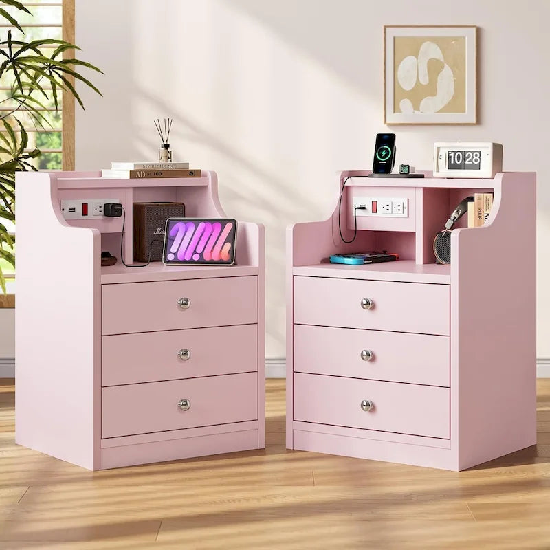Table de chevet à 3 tiroirs avec station de charge et ports USB, Blanc / Rose / Gris / Noir, Style moderne, Chambre 1 personne