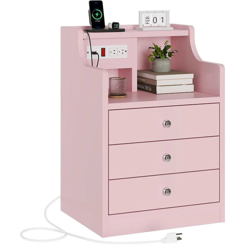 Table de chevet à 3 tiroirs avec station de charge et ports USB, Blanc / Rose / Gris / Noir, Style moderne, Chambre 1 personne