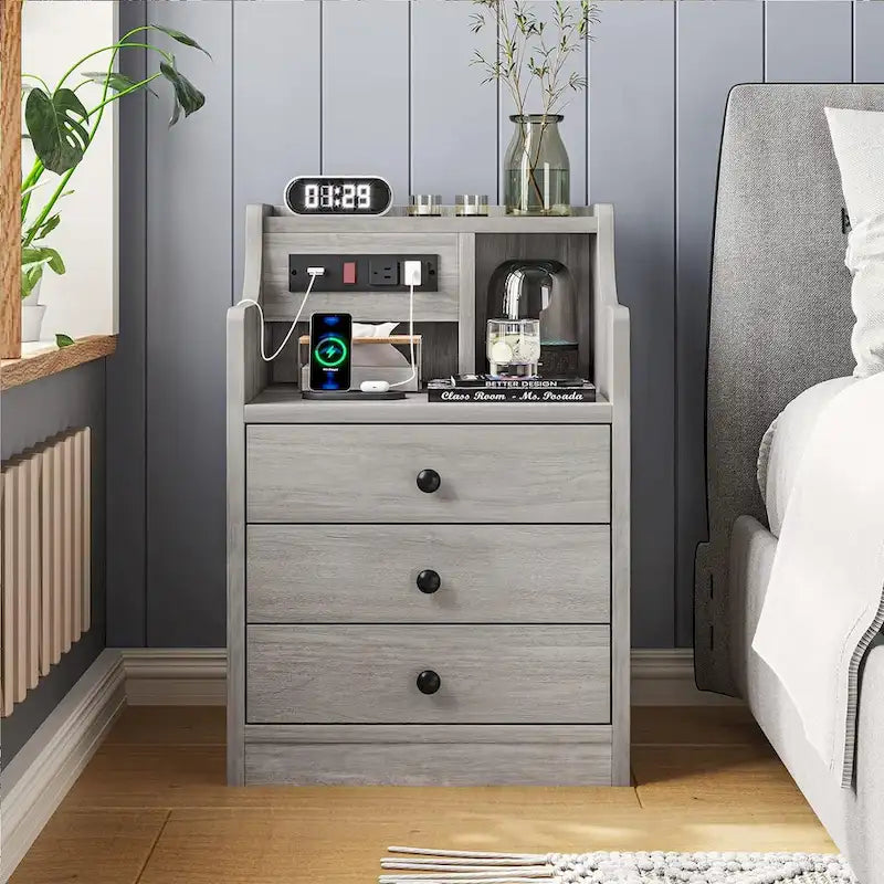 Table de chevet à 3 tiroirs avec station de charge et ports USB, Blanc / Rose / Gris / Noir, Style moderne, Chambre 1 personne