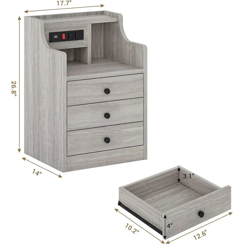Table de chevet à 3 tiroirs avec station de charge et ports USB, Blanc / Rose / Gris / Noir, Style moderne, Chambre 1 personne