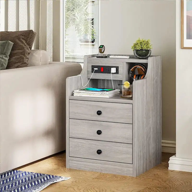 Table de chevet à 3 tiroirs avec station de charge et ports USB, Blanc / Rose / Gris / Noir, Style moderne, Chambre 1 personne