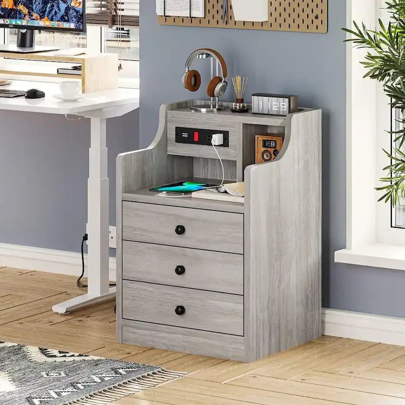 Table de chevet à 3 tiroirs avec station de charge et ports USB, Blanc / Rose / Gris / Noir, Style moderne, Chambre 1 personne