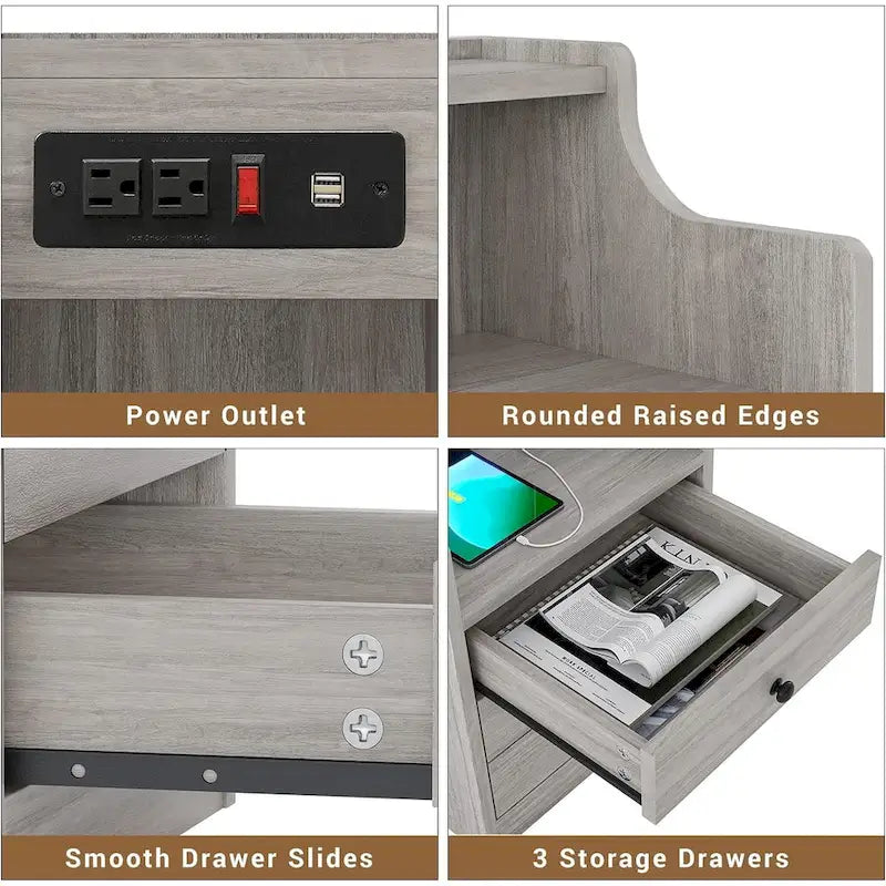 Table de chevet à 3 tiroirs avec station de charge et ports USB, Blanc / Rose / Gris / Noir, Style moderne, Chambre 1 personne