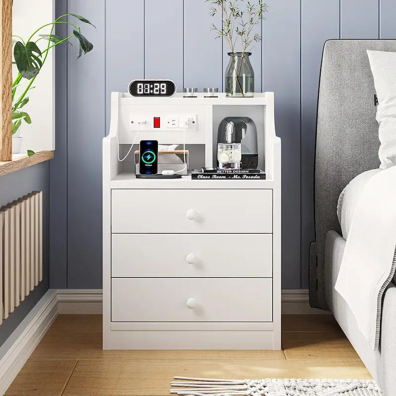 Table de chevet à 3 tiroirs avec station de charge et ports USB, Blanc / Rose / Gris / Noir, Style moderne, Chambre 1 personne
