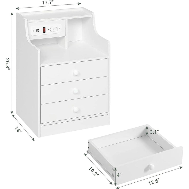 Table de chevet à 3 tiroirs avec station de charge et ports USB, Blanc / Rose / Gris / Noir, Style moderne, Chambre 1 personne