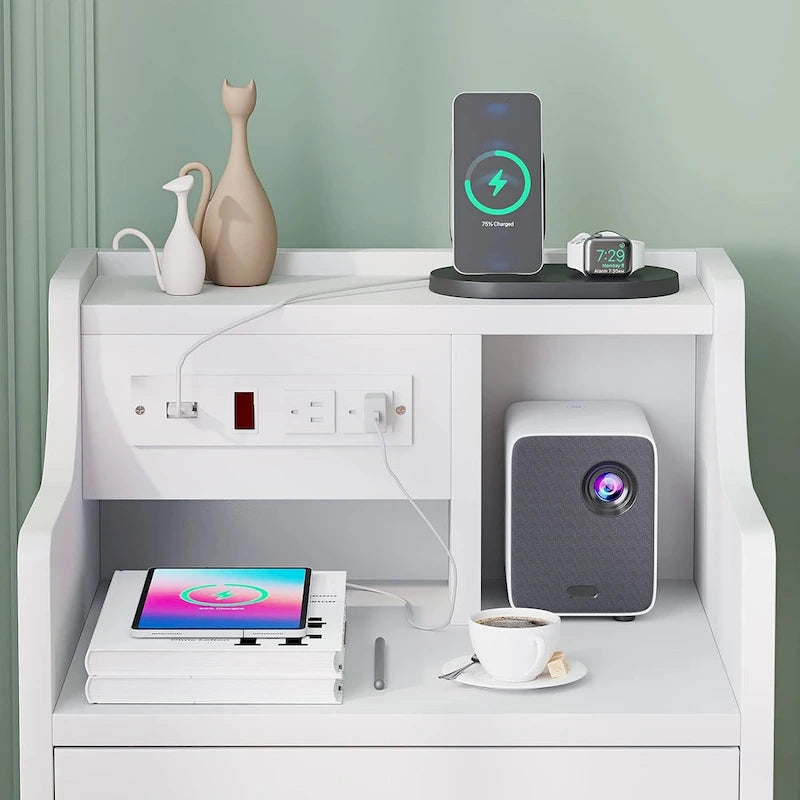 Table de chevet à 3 tiroirs avec station de charge et ports USB, Blanc / Rose / Gris / Noir, Style moderne, Chambre 1 personne