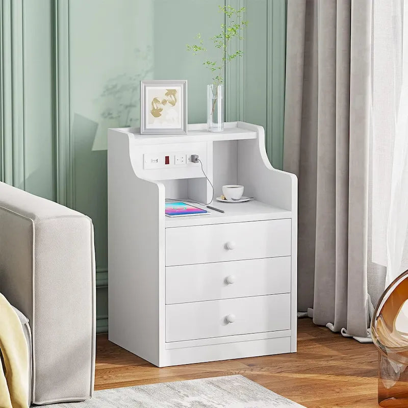 Table de chevet à 3 tiroirs avec station de charge et ports USB, Blanc / Rose / Gris / Noir, Style moderne, Chambre 1 personne