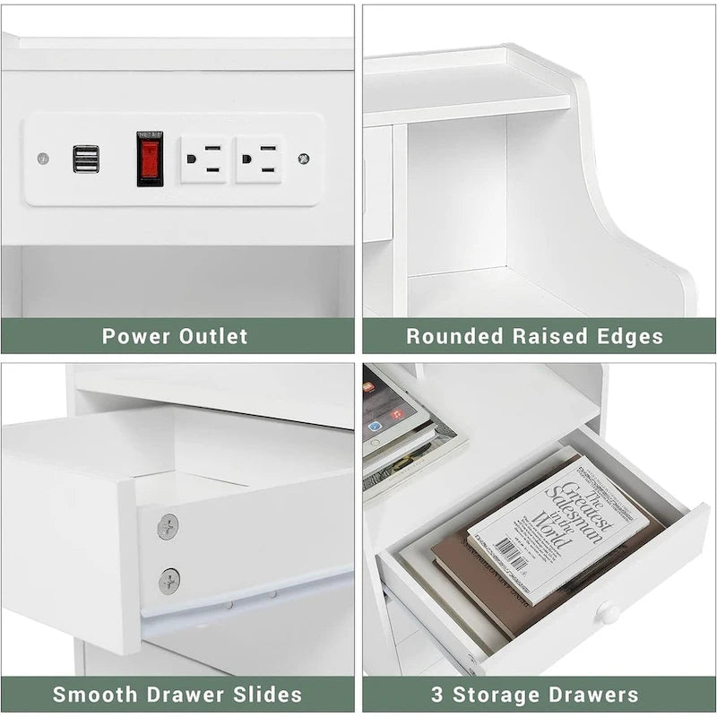 Table de chevet à 3 tiroirs avec station de charge et ports USB, Blanc / Rose / Gris / Noir, Style moderne, Chambre 1 personne