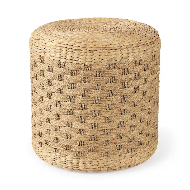 Pouf Ottoman rond en jonc de mer tressé marron avec détails à motif marron foncé