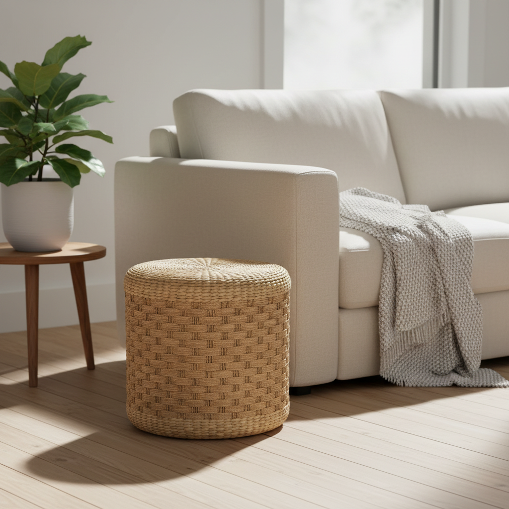 Pouf Ottoman rond en jonc de mer tressé marron avec détails à motif marron foncé