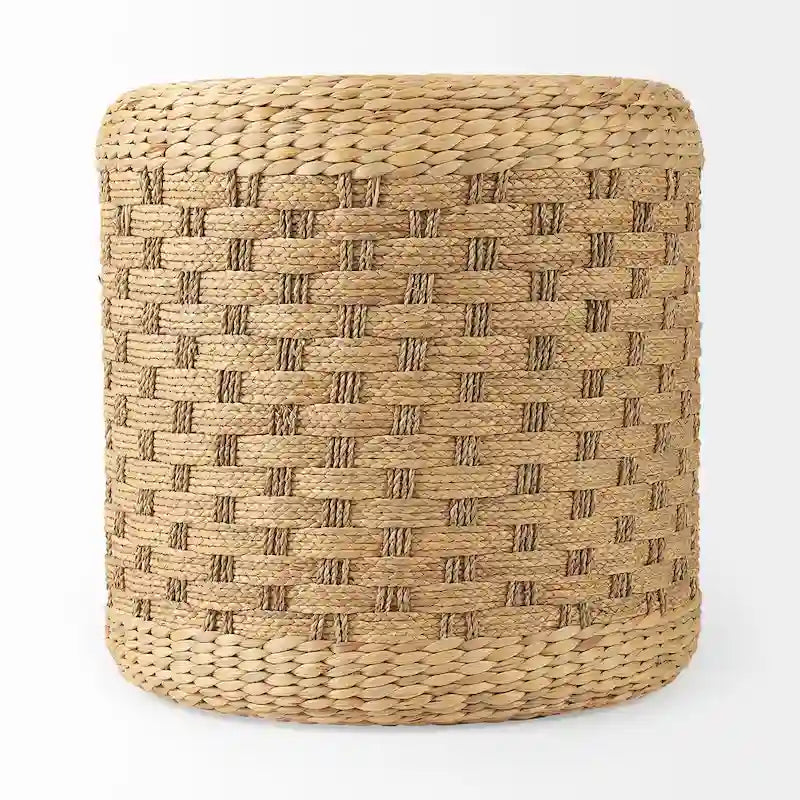 Pouf Ottoman rond en jonc de mer tressé marron avec détails à motif marron foncé