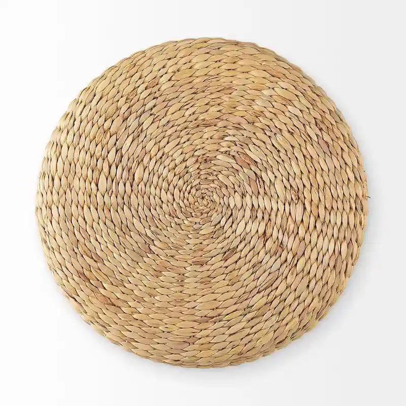 Pouf Ottoman rond en jonc de mer tressé marron avec détails à motif marron foncé