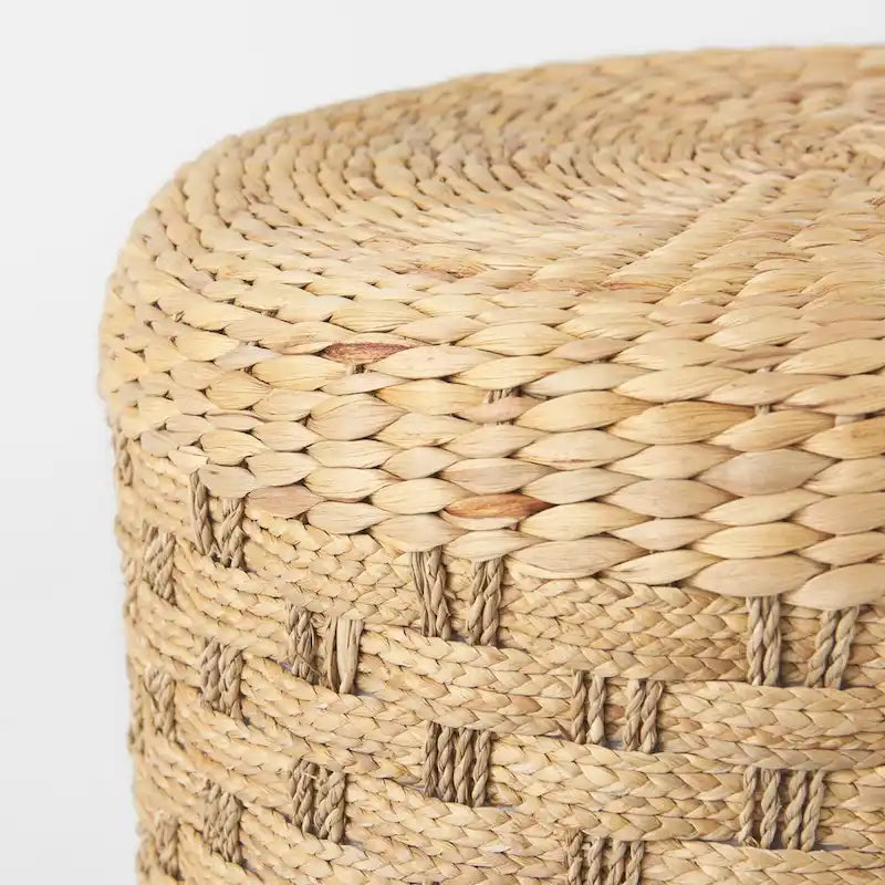 Pouf Ottoman rond en jonc de mer tressé marron avec détails à motif marron foncé