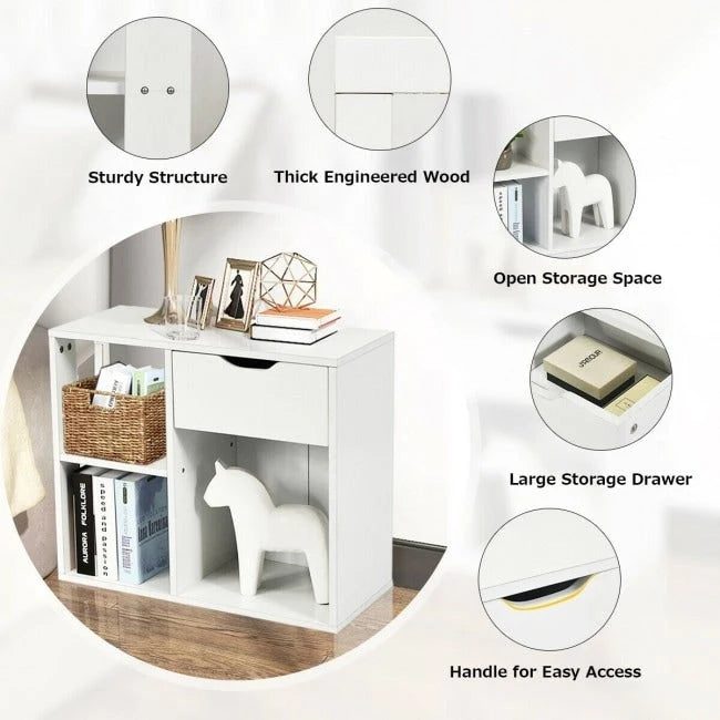 Table d'appoint blanche à 3 niveaux avec tiroir et étagères ouvertes
