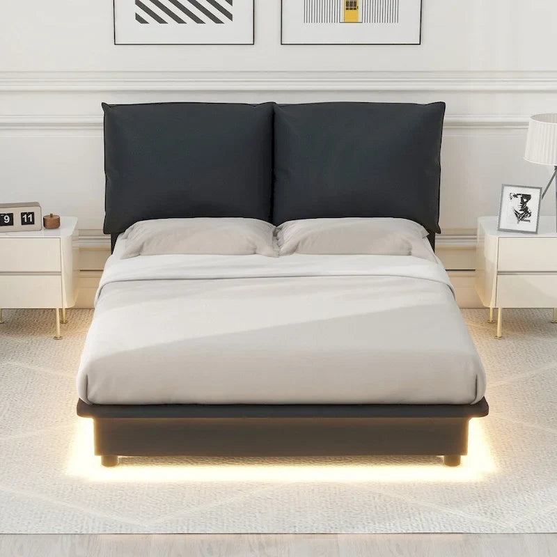 Lit plateforme rembourré avec lumière à détecteur de mouvement et dossier ergonomique, Noir/Blanc, Style moderne, 1 personne (Grand lit/Très grand lit)