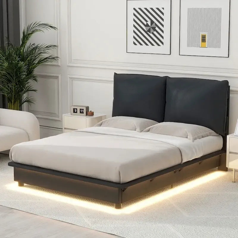 Lit plateforme rembourré avec lumière à détecteur de mouvement et dossier ergonomique, Noir/Blanc, Style moderne, 1 personne (Grand lit/Très grand lit)