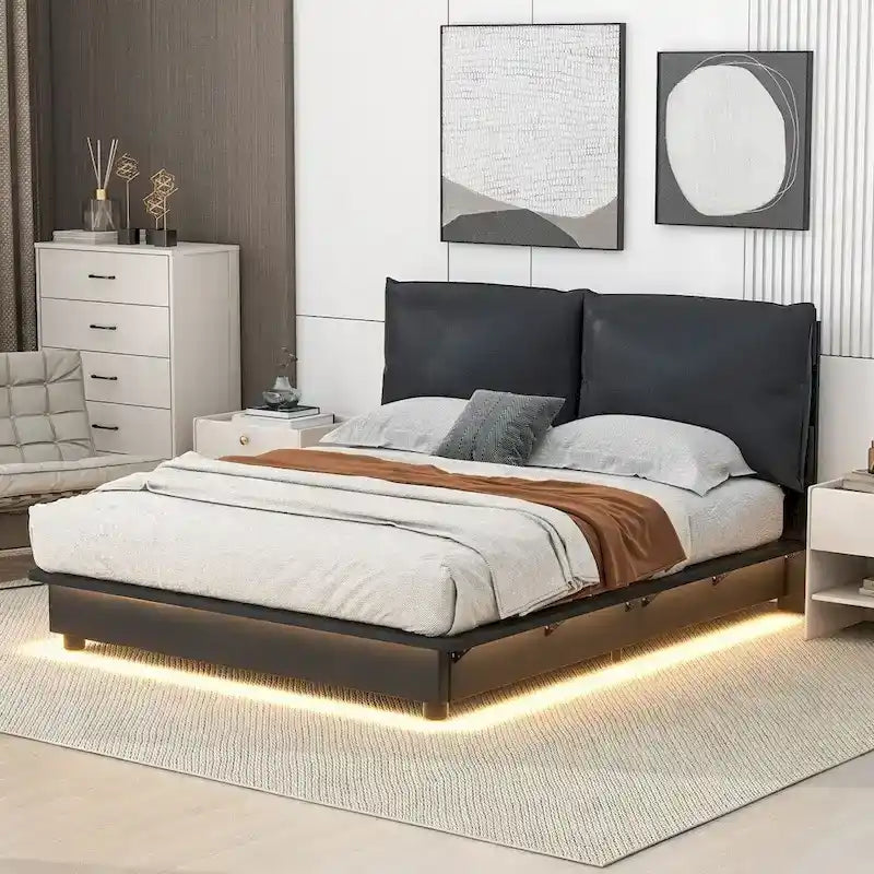 Lit plateforme rembourré avec lumière à détecteur de mouvement et dossier ergonomique, Noir/Blanc, Style moderne, 1 personne (Grand lit/Très grand lit)