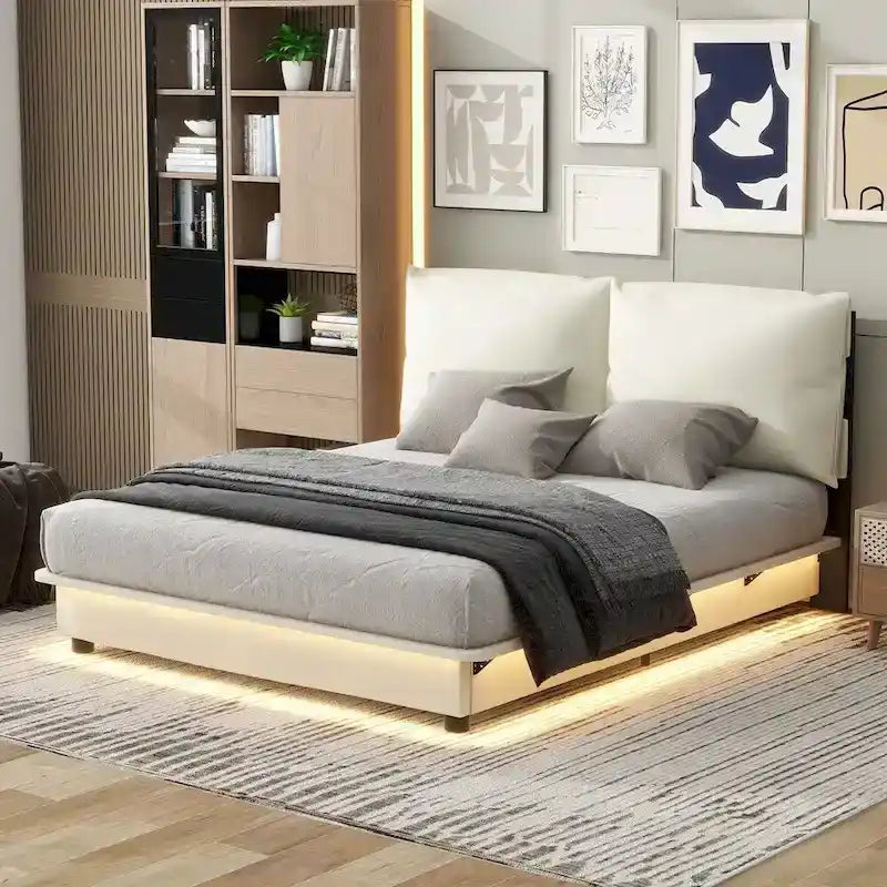 Lit plateforme rembourré avec lumière à détecteur de mouvement et dossier ergonomique, Noir/Blanc, Style moderne, 1 personne (Grand lit/Très grand lit)