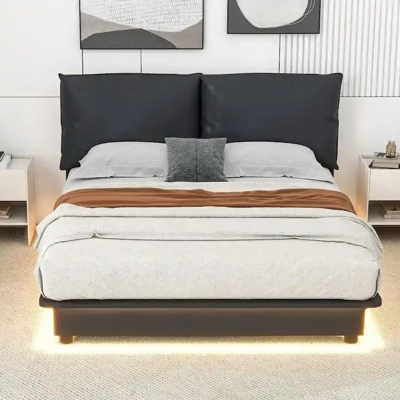 Lit plateforme rembourré avec lumière à détecteur de mouvement et dossier ergonomique, Noir/Blanc, Style moderne, 1 personne (Grand lit/Très grand lit)
