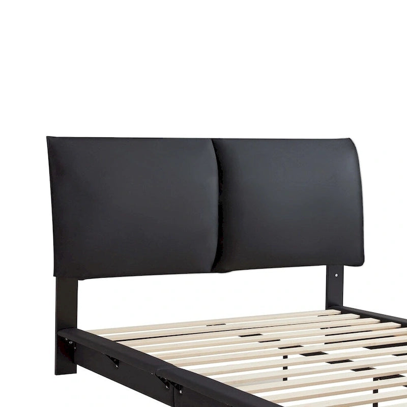Lit plateforme rembourré avec lumière à détecteur de mouvement et dossier ergonomique, Noir/Blanc, Style moderne, 1 personne (Grand lit/Très grand lit)