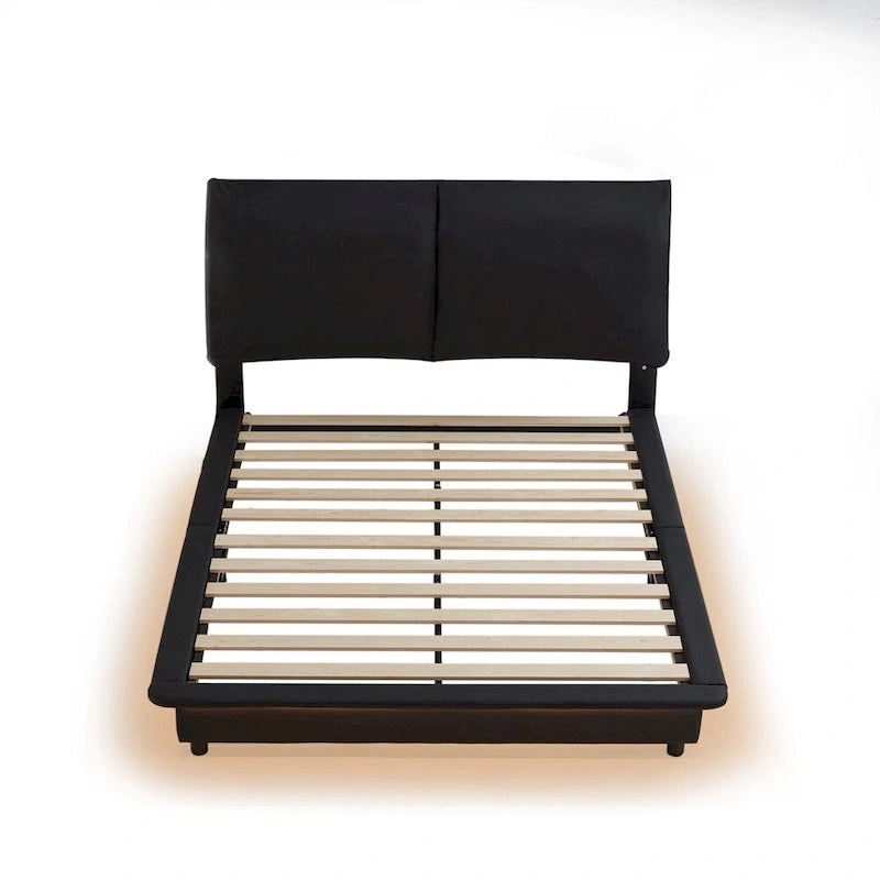 Lit plateforme rembourré avec lumière à détecteur de mouvement et dossier ergonomique, Noir/Blanc, Style moderne, 1 personne (Grand lit/Très grand lit)