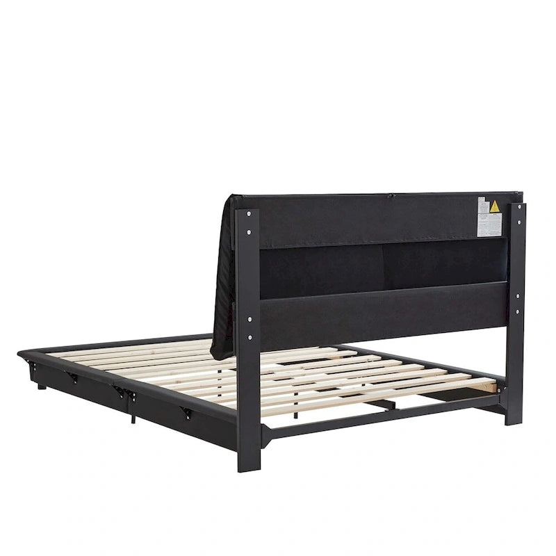 Lit plateforme rembourré avec lumière à détecteur de mouvement et dossier ergonomique, Noir/Blanc, Style moderne, 1 personne (Grand lit/Très grand lit)