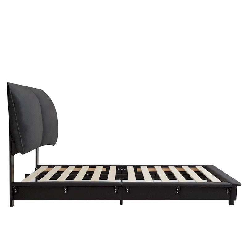 Lit plateforme rembourré avec lumière à détecteur de mouvement et dossier ergonomique, Noir/Blanc, Style moderne, 1 personne (Grand lit/Très grand lit)