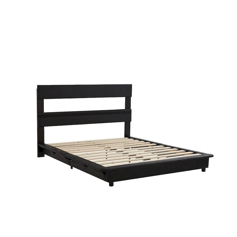 Lit plateforme rembourré avec lumière à détecteur de mouvement et dossier ergonomique, Noir/Blanc, Style moderne, 1 personne (Grand lit/Très grand lit)