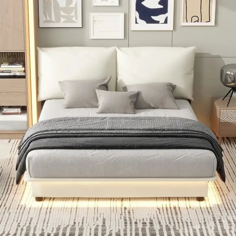 Lit plateforme rembourré avec lumière à détecteur de mouvement et dossier ergonomique, Noir/Blanc, Style moderne, 1 personne (Grand lit/Très grand lit)