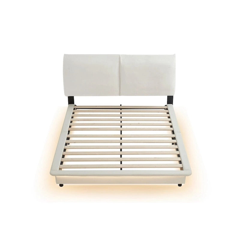 Lit plateforme rembourré avec lumière à détecteur de mouvement et dossier ergonomique, Noir/Blanc, Style moderne, 1 personne (Grand lit/Très grand lit)
