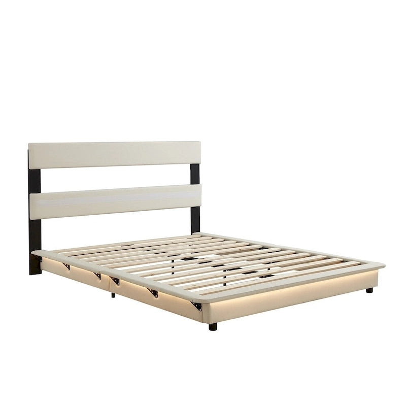 Lit plateforme rembourré avec lumière à détecteur de mouvement et dossier ergonomique, Noir/Blanc, Style moderne, 1 personne (Grand lit/Très grand lit)