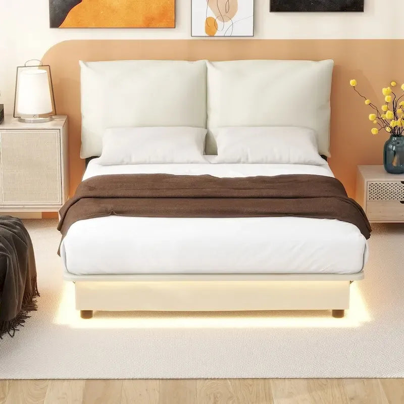 Lit plateforme rembourré avec lumière à détecteur de mouvement et dossier ergonomique, Noir/Blanc, Style moderne, 1 personne (Grand lit/Très grand lit)