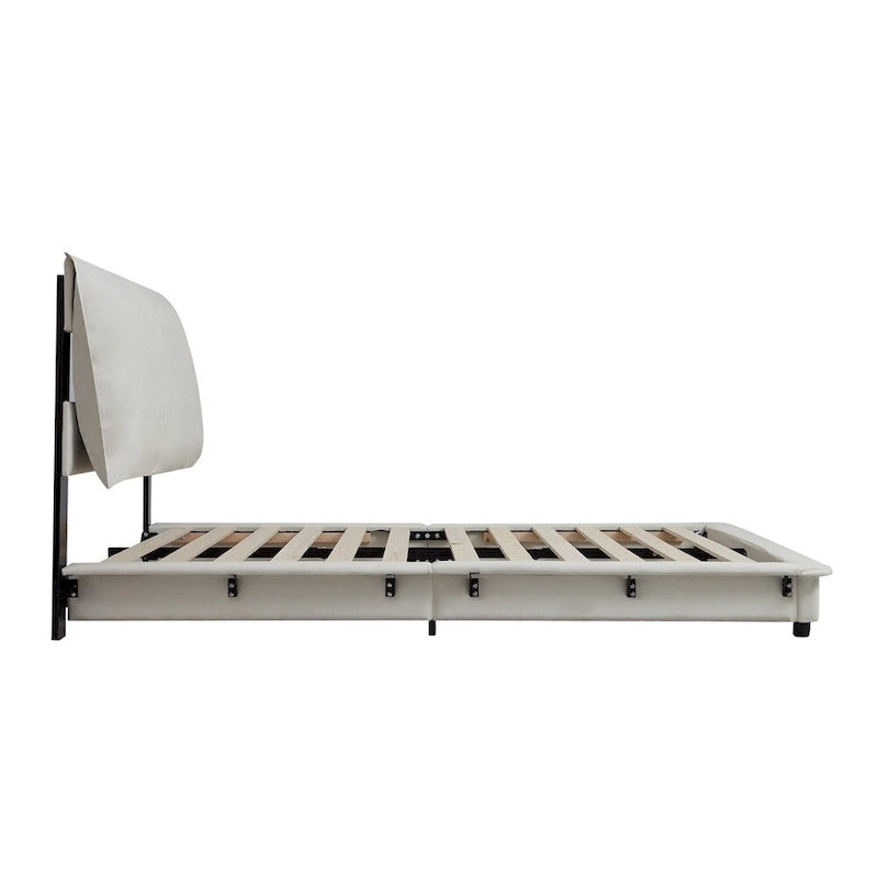 Lit plateforme rembourré avec lumière à détecteur de mouvement et dossier ergonomique, Noir/Blanc, Style moderne, 1 personne (Grand lit/Très grand lit)