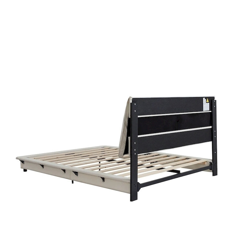 Lit plateforme rembourré avec lumière à détecteur de mouvement et dossier ergonomique, Noir/Blanc, Style moderne, 1 personne (Grand lit/Très grand lit)