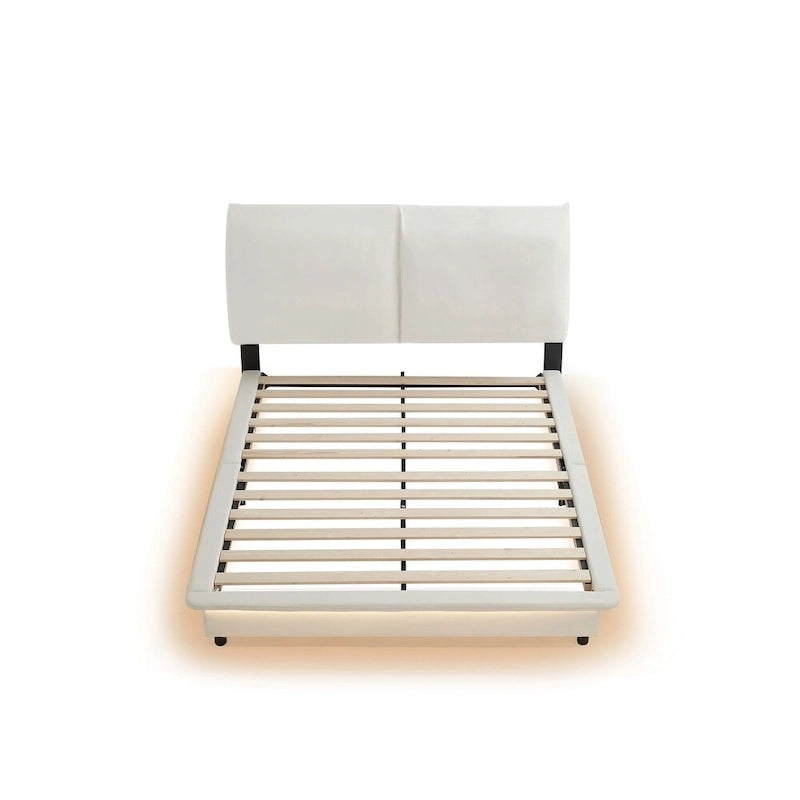 Lit plateforme rembourré avec lumière à détecteur de mouvement et dossier ergonomique, Noir/Blanc, Style moderne, 1 personne (Grand lit/Très grand lit)