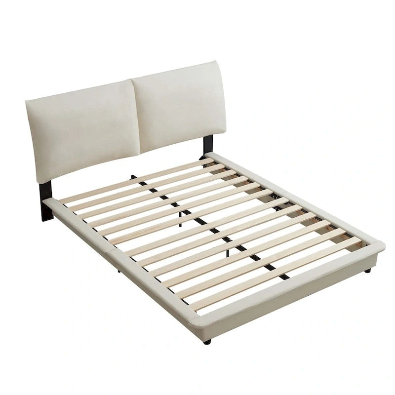 Lit plateforme rembourré avec lumière à détecteur de mouvement et dossier ergonomique, Noir/Blanc, Style moderne, 1 personne (Grand lit/Très grand lit)