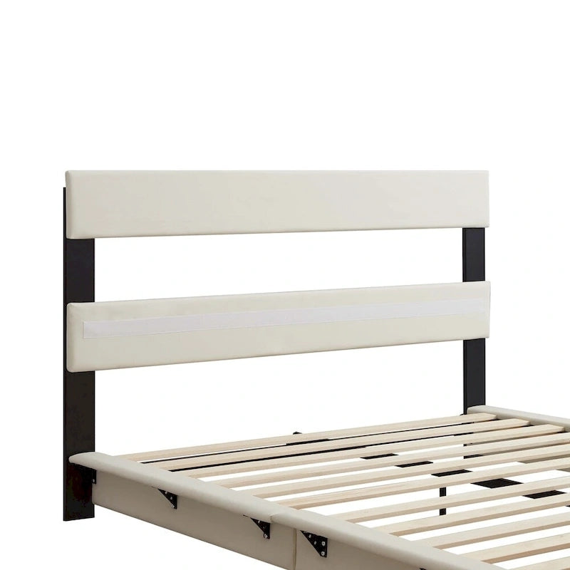 Lit plateforme rembourré avec lumière à détecteur de mouvement et dossier ergonomique, Noir/Blanc, Style moderne, 1 personne (Grand lit/Très grand lit)