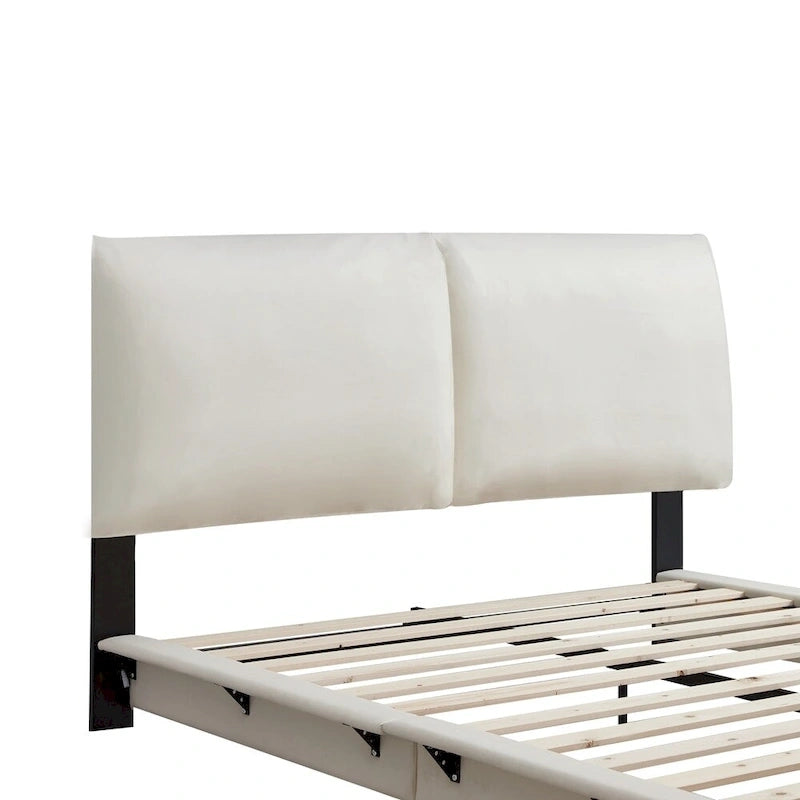 Lit plateforme rembourré avec lumière à détecteur de mouvement et dossier ergonomique, Noir/Blanc, Style moderne, 1 personne (Grand lit/Très grand lit)