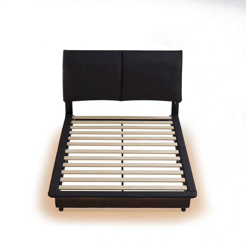 Lit plateforme rembourré avec lumière à détecteur de mouvement et dossier ergonomique, Noir/Blanc, Style moderne, 1 personne (Grand lit/Très grand lit)