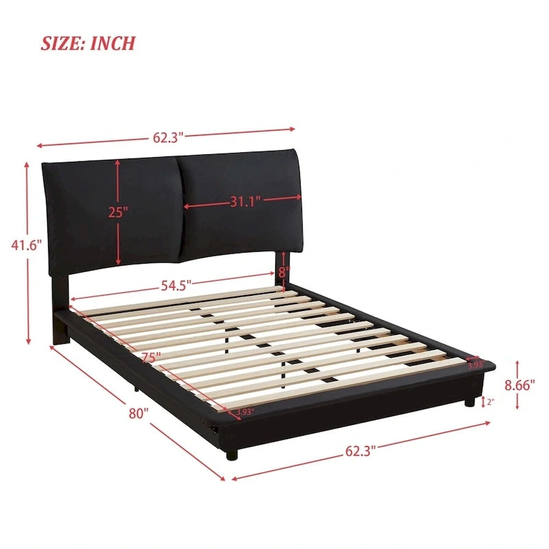 Lit plateforme rembourré avec lumière à détecteur de mouvement et dossier ergonomique, Noir/Blanc, Style moderne, 1 personne (Grand lit/Très grand lit)