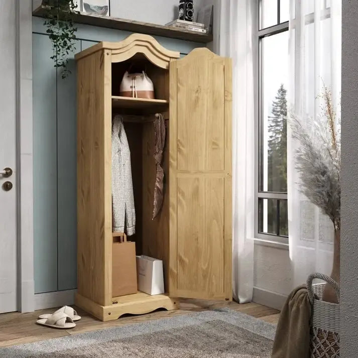 Armoire d'entrée en pin massif avec poignées métalliques, brun antique / lavis gris / lavis blanc, style rustique, 1 personne