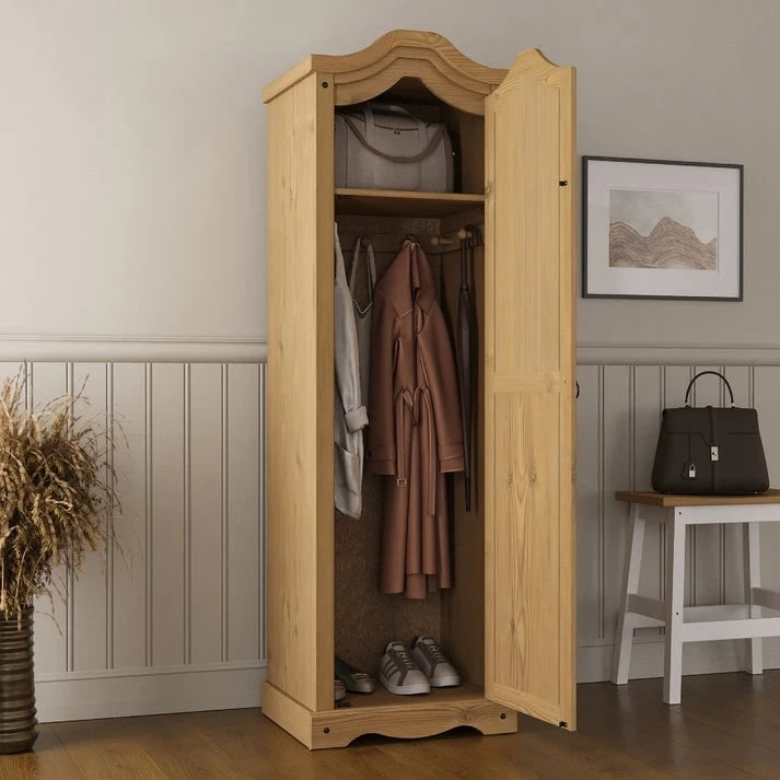 Armoire d'entrée en pin massif avec poignées métalliques, brun antique / lavis gris / lavis blanc, style rustique, 1 personne