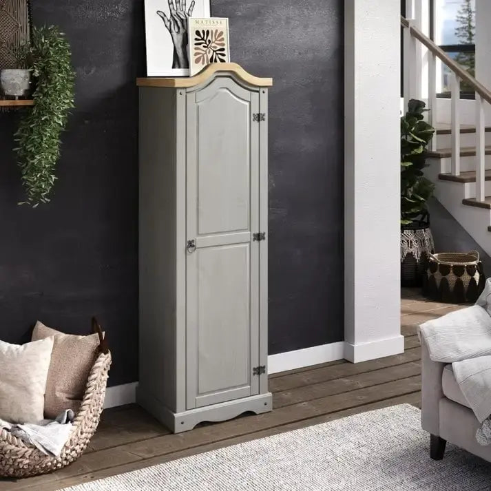 Armoire d'entrée en pin massif avec poignées métalliques, brun antique / lavis gris / lavis blanc, style rustique, 1 personne