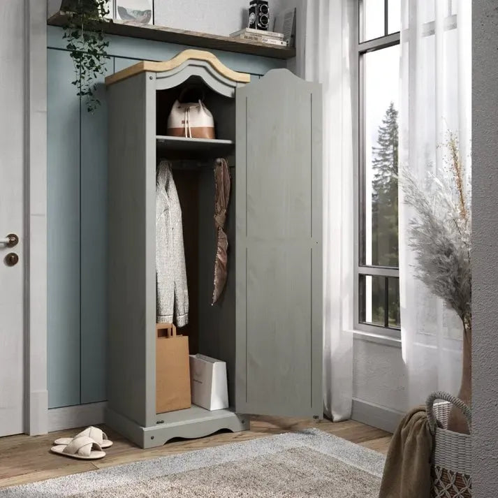 Armoire d'entrée en pin massif avec poignées métalliques, brun antique / lavis gris / lavis blanc, style rustique, 1 personne