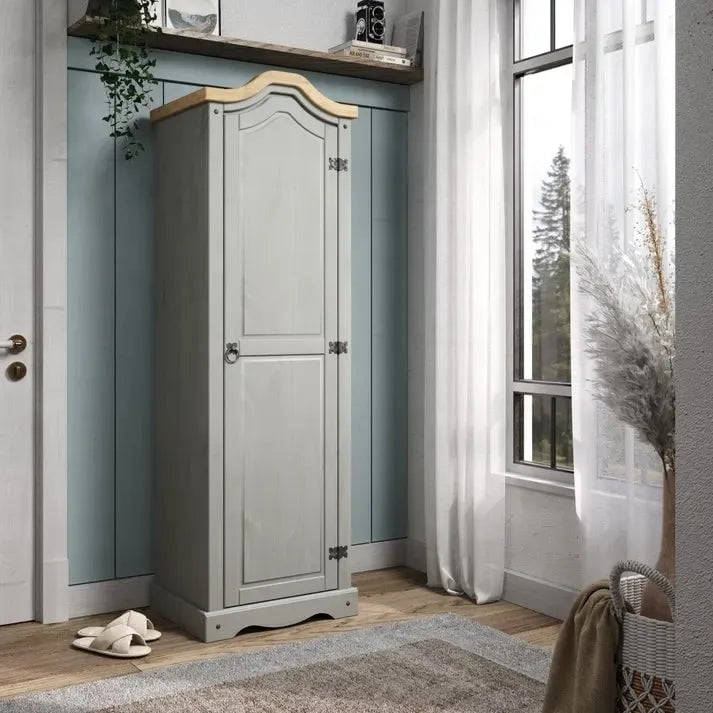 Armoire d'entrée en pin massif avec poignées métalliques, brun antique / lavis gris / lavis blanc, style rustique, 1 personne