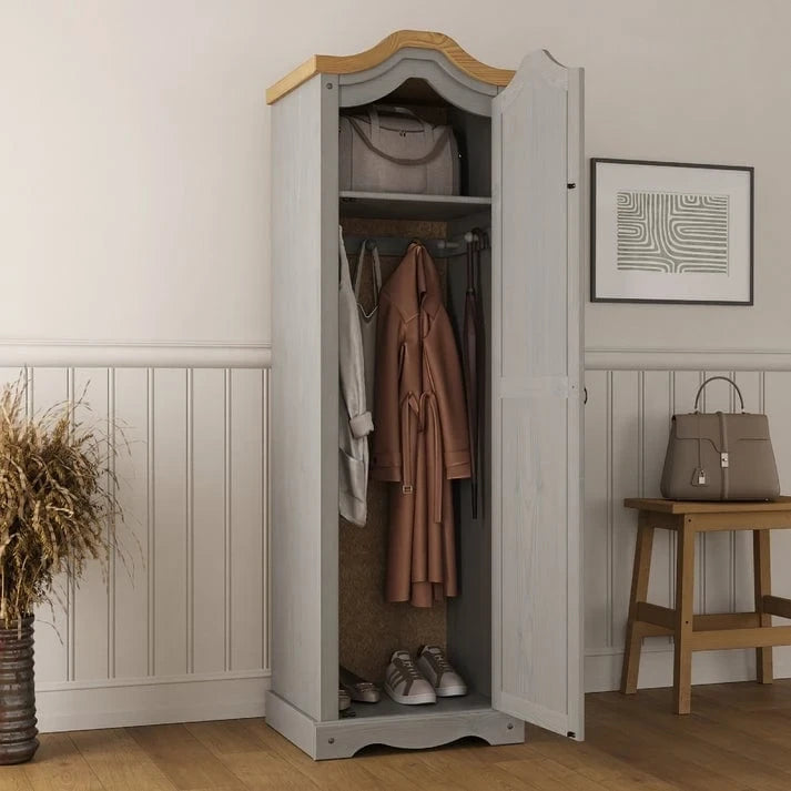 Armoire d'entrée en pin massif avec poignées métalliques, brun antique / lavis gris / lavis blanc, style rustique, 1 personne
